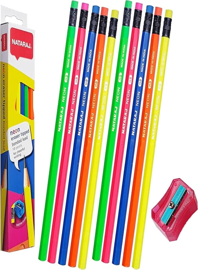 Nataraj Neon Long Lasting Pack of 12 HB School Pencils Graphite for Children Teenagers & Adults Drawing Writing Office Desk Free Sharpener and Eraser